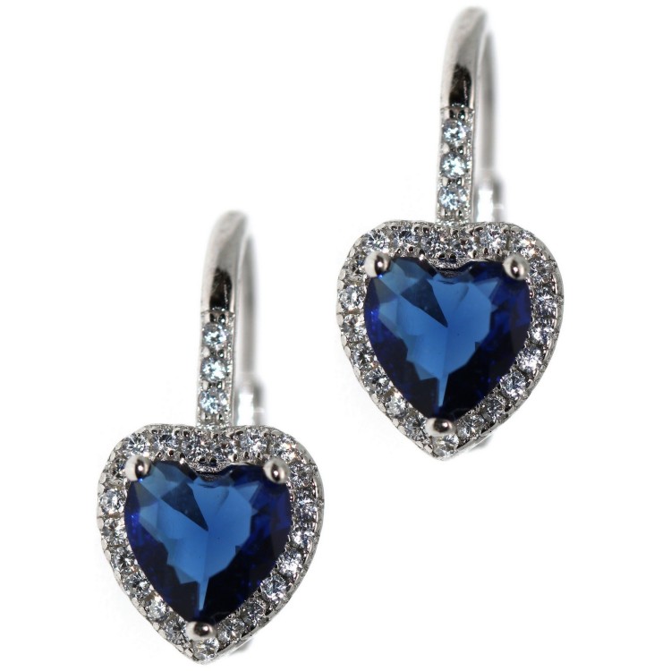 RomaBijoux|silver 925 earring, sapphire blue heart earrings with white loop, woman