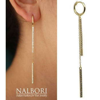 RomaBijoux|orecchino lungo tutto argento 925 barrette zirconi e catenelle placcati oro giallo
