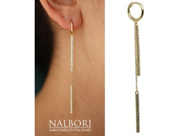 RomaBijoux|orecchino lungo tutto argento 925 barrette zirconi e catenelle placcati oro giallo