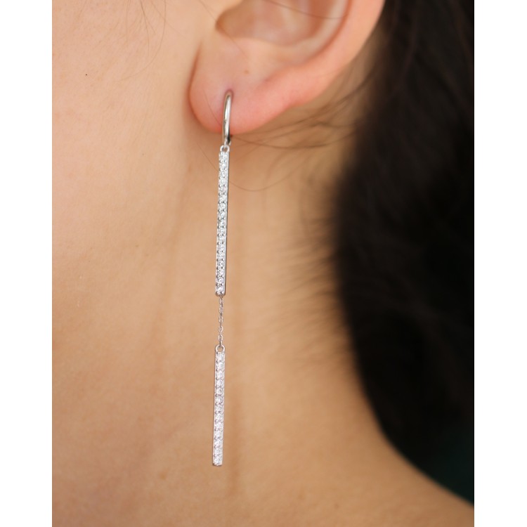 RomaBijoux|orecchino lungo tutto argento 925 barrette zirconi e catenelle rodiato effetto oro bianco