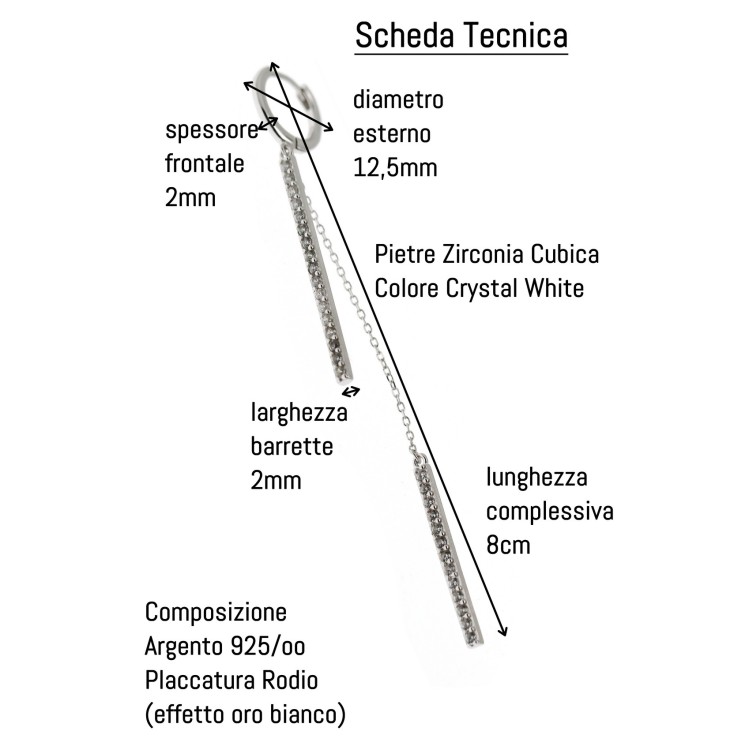 RomaBijoux|orecchino lungo tutto argento 925 barrette zirconi e catenelle rodiato effetto oro bianco
