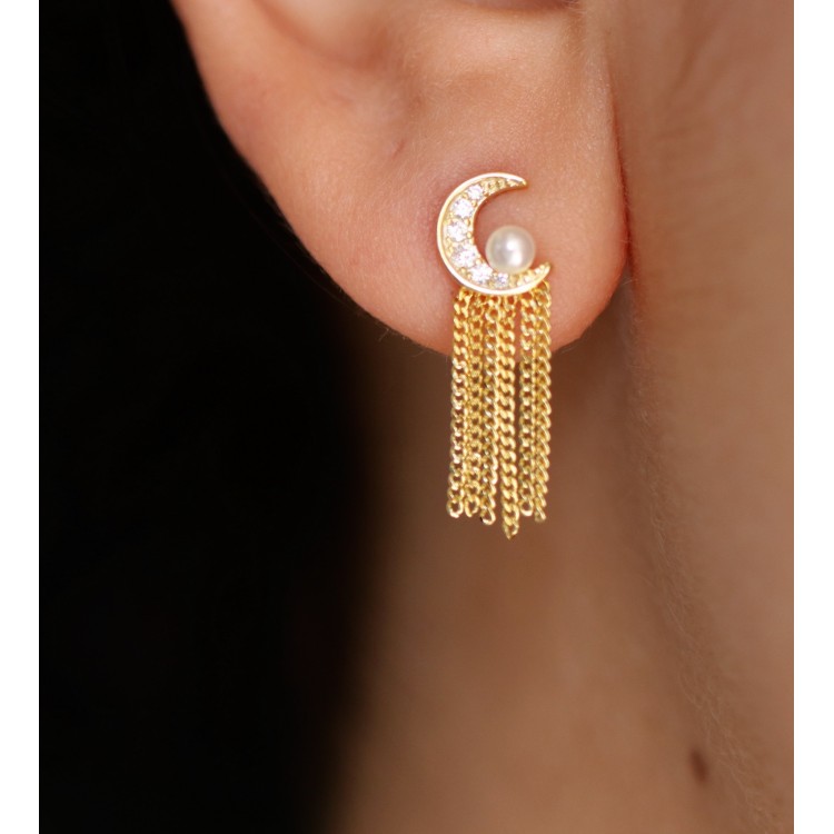 RomaBijoux|orecchini argento 925 mezza luna perle e catenelle placcati oro giallo per donna