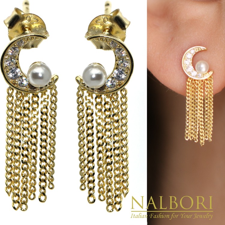 RomaBijoux|orecchini argento 925 mezza luna perle e catenelle placcati oro giallo per donna