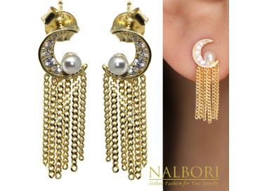RomaBijoux|orecchini argento 925 mezza luna perle e catenelle placcati oro giallo per donna