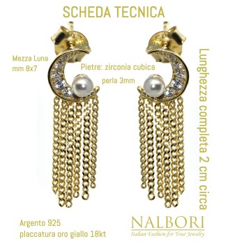 RomaBijoux|orecchini argento 925 mezza luna perle e catenelle placcati oro giallo per donna