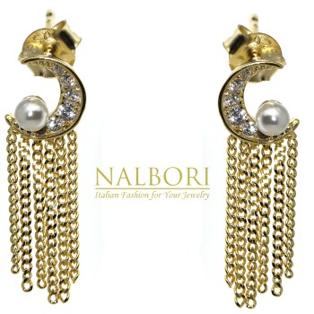 RomaBijoux|orecchini argento 925 mezza luna perle e catenelle placcati oro giallo per donna