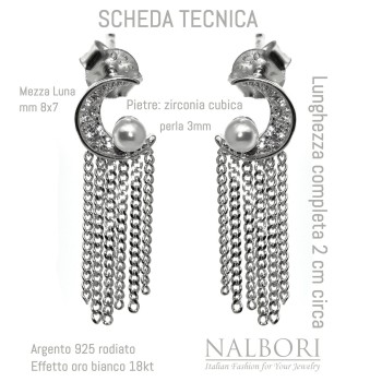 RomaBijoux|silver 925 half moon pearls and rhodium chains white gold effect earrings for women