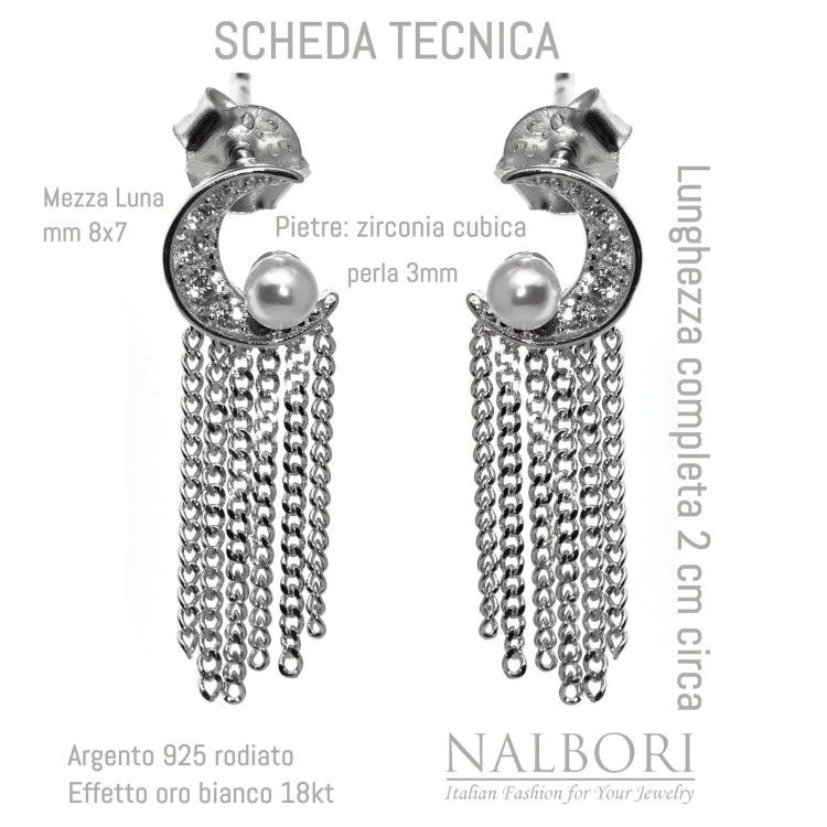 RomaBijoux|silver 925 half moon pearls and rhodium chains white gold effect earrings for women