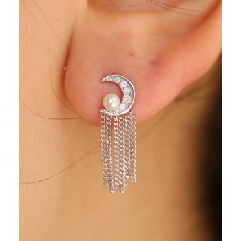 RomaBijoux|orecchini argento 925 mezza luna perle e catenelle rodiati effetto oro bianco per donna