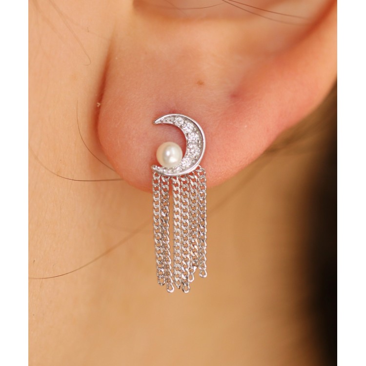 RomaBijoux|orecchini argento 925 mezza luna perle e catenelle rodiati effetto oro bianco per donna