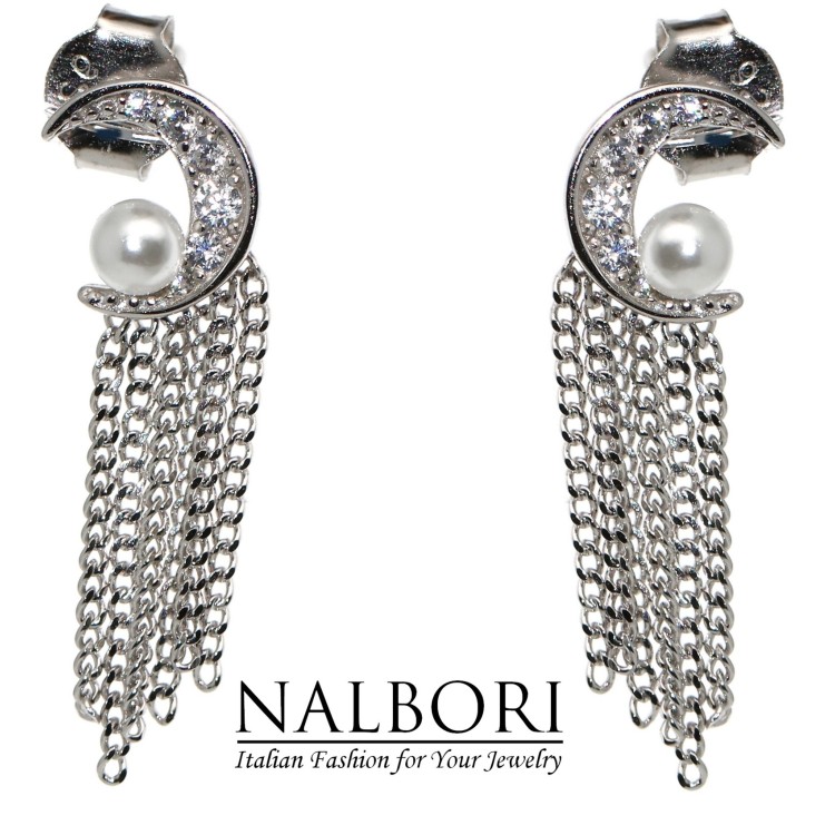 RomaBijoux|orecchini argento 925 mezza luna perle e catenelle rodiati effetto oro bianco per donna