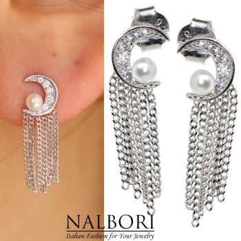 RomaBijoux|silver 925 half moon pearls and rhodium chains white gold effect earrings for women