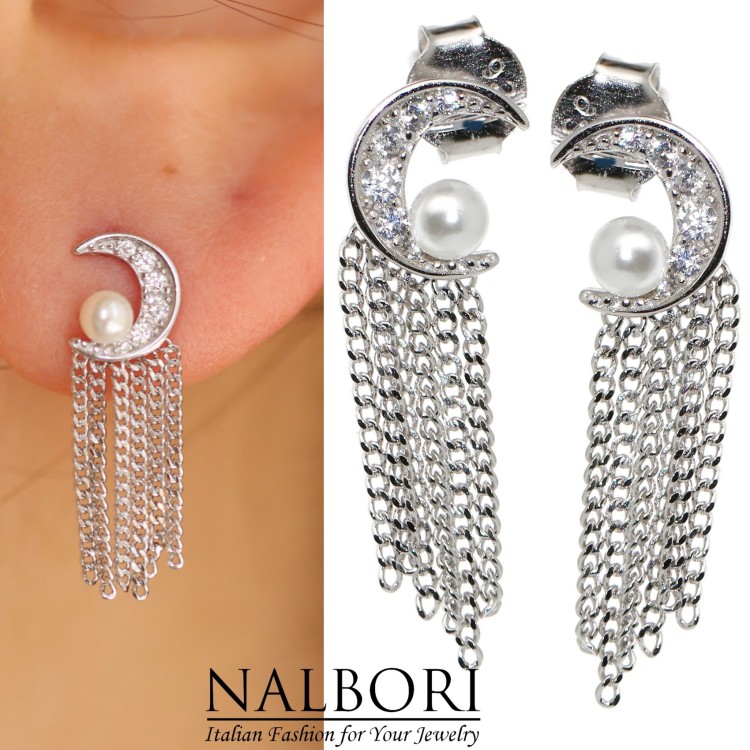 RomaBijoux|silver 925 half moon pearls and rhodium chains white gold effect earrings for women