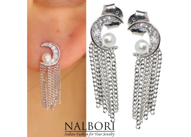 RomaBijoux|silver 925 half moon pearls and rhodium chains white gold effect earrings for women