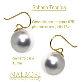 RomaBijoux|925 silver women's earrings with 16mm large pearl yellow gold bath for women