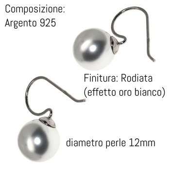 RomaBijoux|orecchini donna argento 925 con perla 12mm media  gancio ad amo