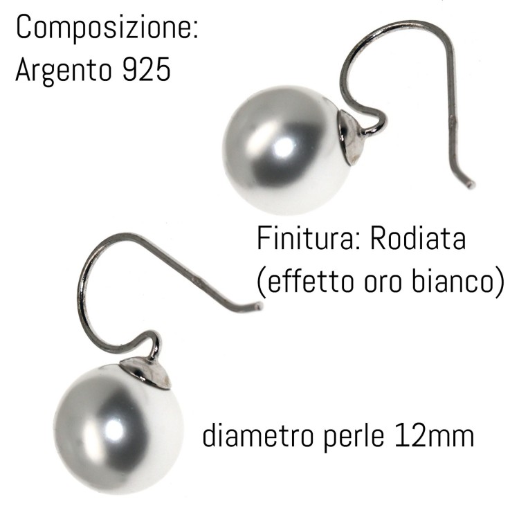 RomaBijoux|orecchini donna argento 925 con perla 12mm media  gancio ad amo