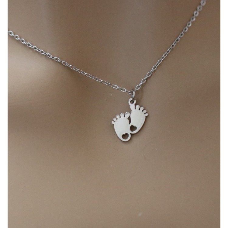 RomaBijoux|steel necklace newborn feet and heart personalized engraving mother woman
