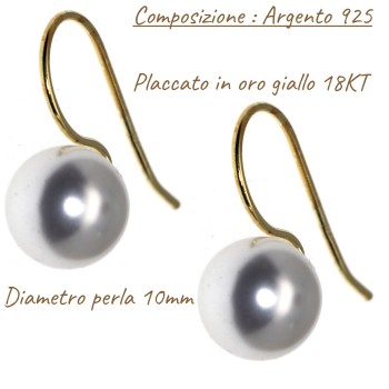 RomaBijoux|orecchini donna argento 925 con perla 10mm media  placcati oro giallo