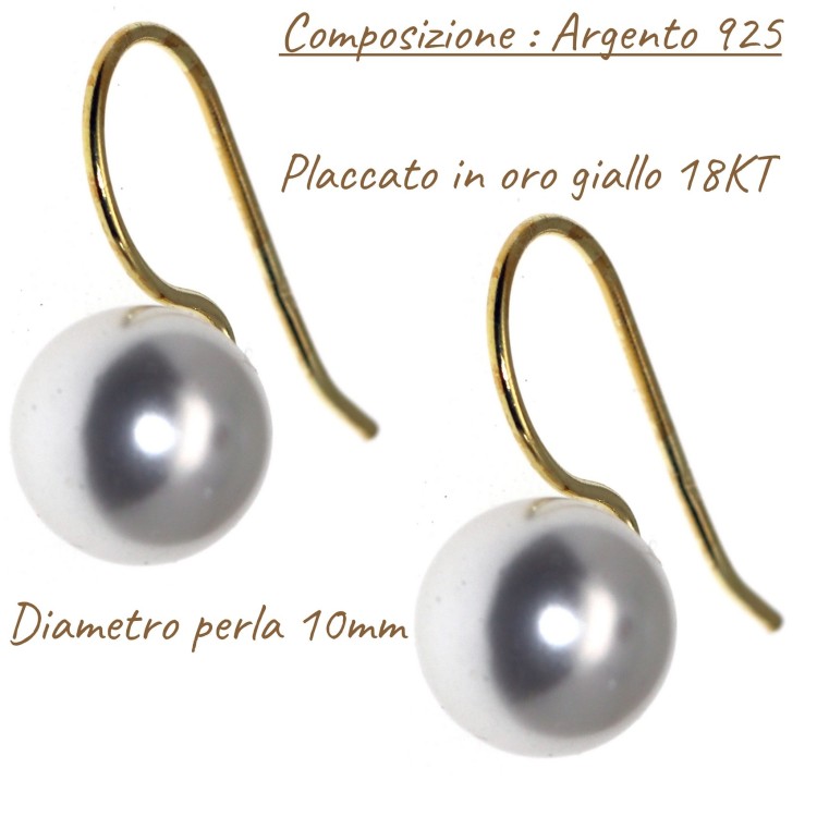 RomaBijoux|orecchini donna argento 925 con perla 10mm media  placcati oro giallo