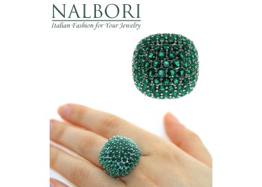 RomaBijoux|grande anello tutto argento 925 quadrato  verde smeraldo zirconi regolabile donna
