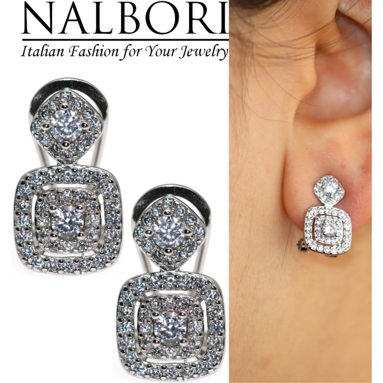 RomaBijoux|925 silver omega earrings square rhombus white zirconia for women