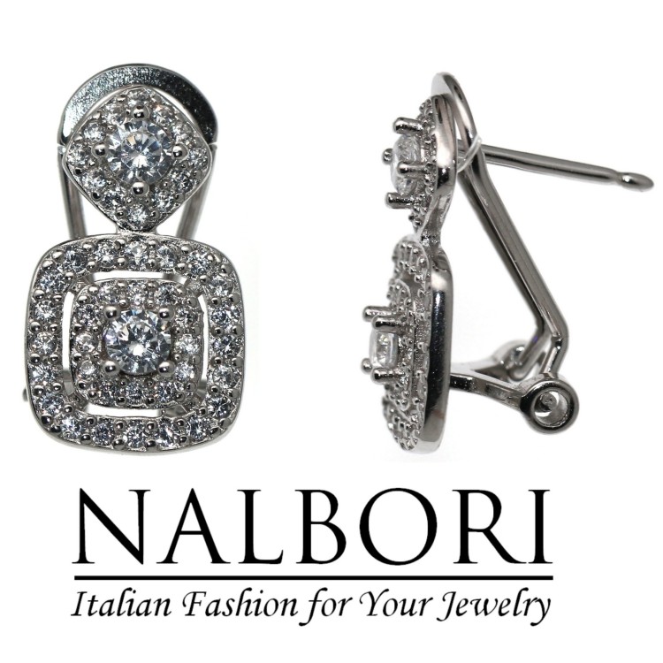 RomaBijoux|925 silver omega earrings square rhombus white zirconia for women