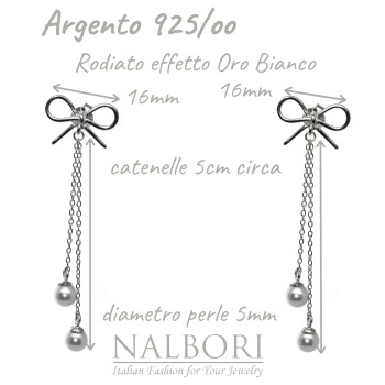 RomaBijoux|925 silver bow earrings chain pendants white pearls long rhodium