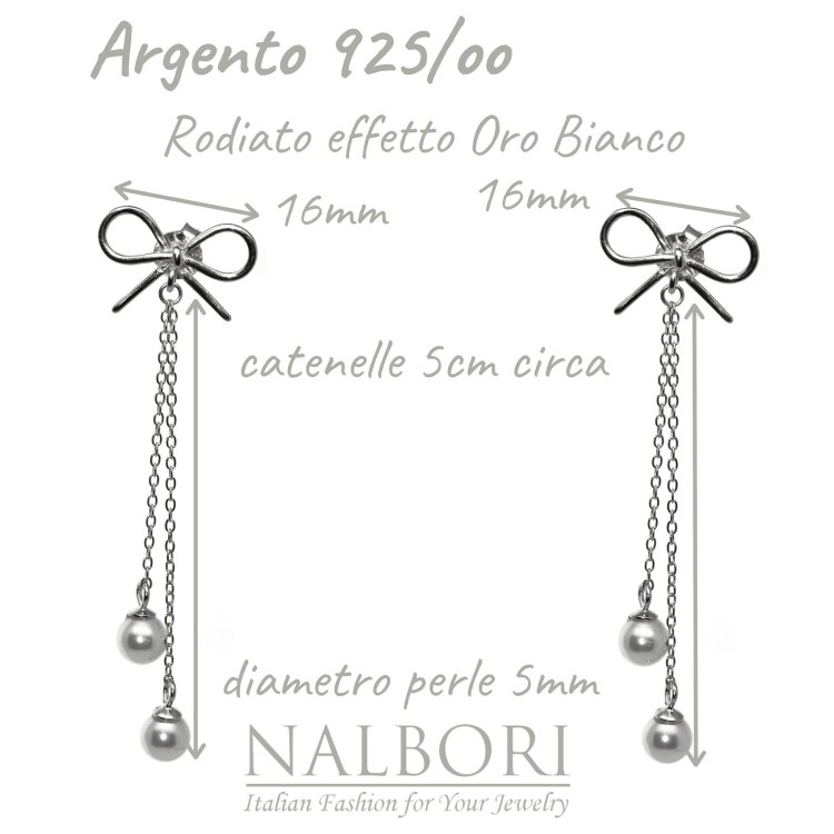 RomaBijoux|argento 925 orecchini fiocco catenella ciondoli perle bianche lunghi rodiati