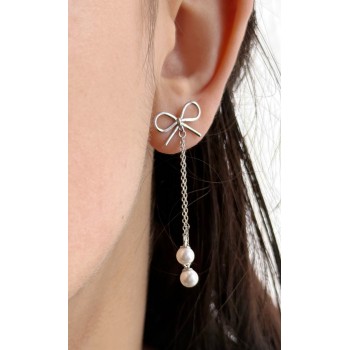 RomaBijoux|argento 925 orecchini fiocco catenella ciondoli perle bianche lunghi rodiati