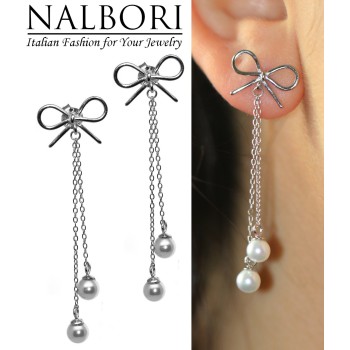 RomaBijoux|925 silver bow earrings chain pendants white pearls long rhodium