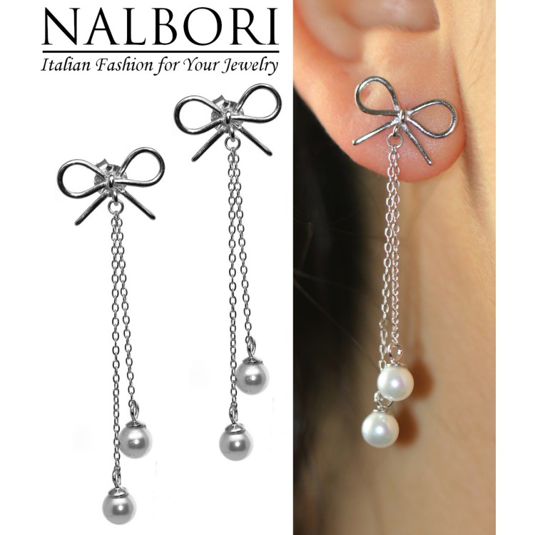 RomaBijoux|925 silver bow earrings chain pendants white pearls long rhodium
