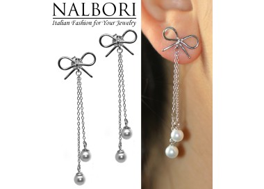 RomaBijoux|925 silver bow earrings chain pendants white pearls long rhodium