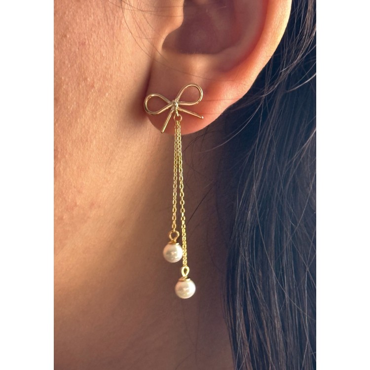 RomaBijoux|925 silver bow earrings chain pendants white pearls long yellow gold plated