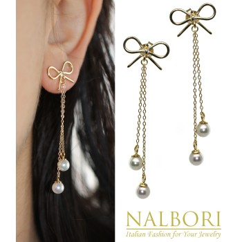 RomaBijoux|925 silver bow earrings chain pendants white pearls long yellow gold plated