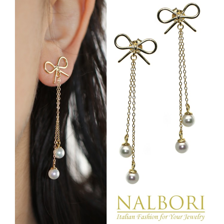RomaBijoux|925 silver bow earrings chain pendants white pearls long yellow gold plated