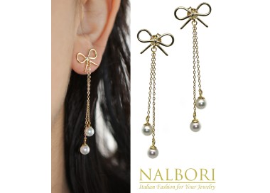 RomaBijoux|925 silver bow earrings chain pendants white pearls long yellow gold plated