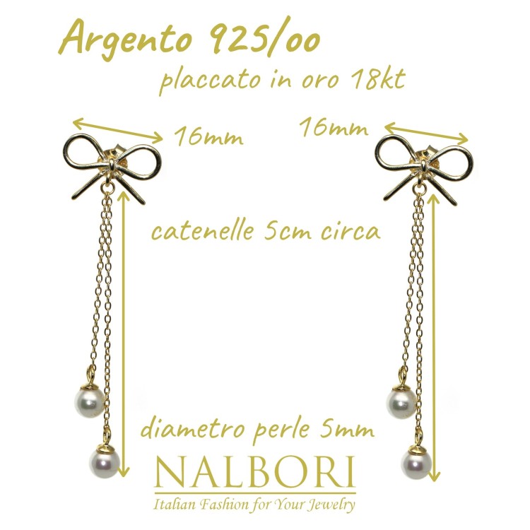 RomaBijoux|925 silver bow earrings chain pendants white pearls long yellow gold plated