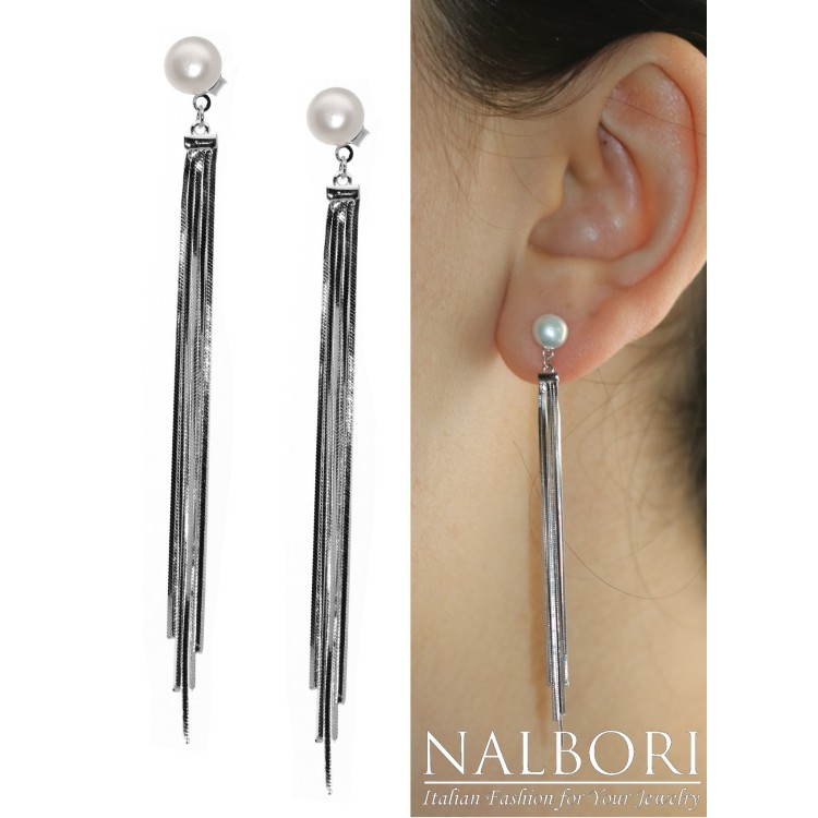 RomaBijoux|925 silver earringslong tails pendants white pearl rhodium plated for women