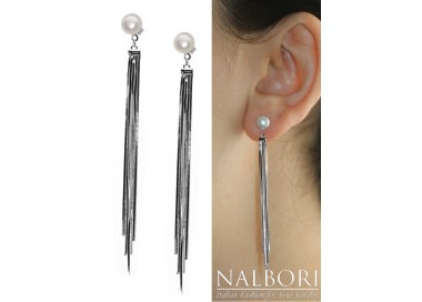 RomaBijoux|925 silver earringslong tails pendants white pearl rhodium plated for women