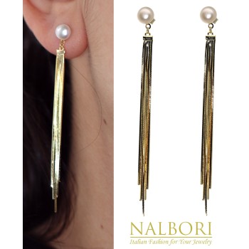 RomaBijoux|long earrings silver 925tails pendants white pearl plated yellow gold 18kt