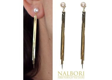 RomaBijoux|long earrings silver 925tails pendants white pearl plated yellow gold 18kt