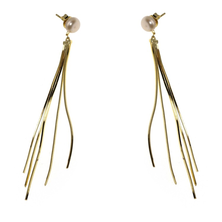 RomaBijoux|long earrings silver 925tails pendants white pearl plated yellow gold 18kt