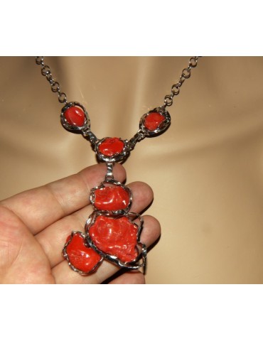 Collana collier argento 925 linea capri con grandi gemme corallo verace rosso del mediterraneo