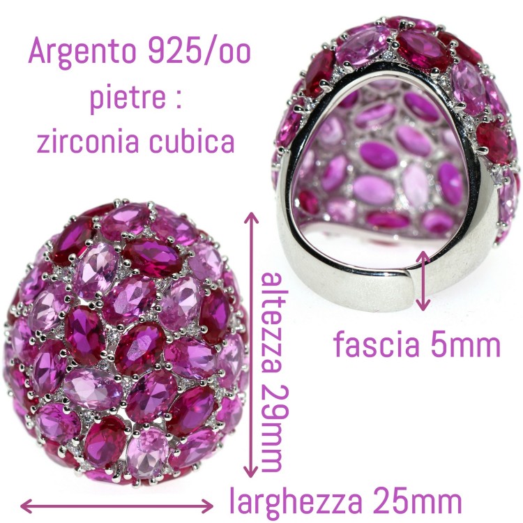 RomaBijoux|grande anello tutto argento 925 ovale rosa rubino zirconi regolabile donna