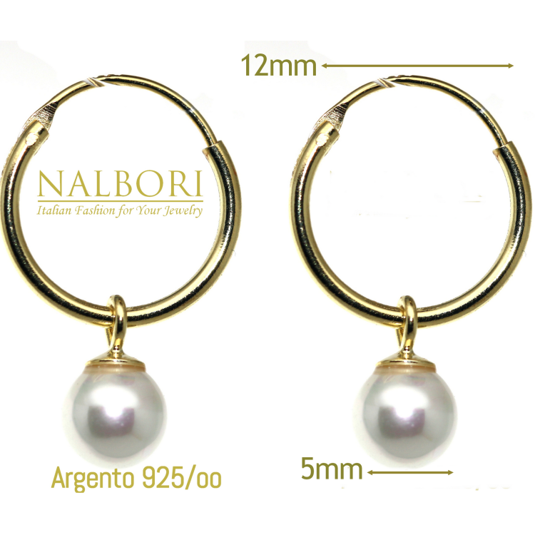 RomaBijoux|argento 925 orecchini cerchi con ciondolo perla placcati oro giallo