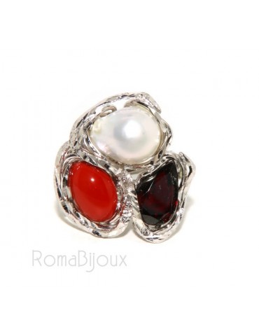 Silver 925: Adjustable woman ring handmade with red coral gem veracious baroque pearl and garnet