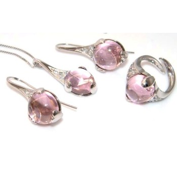 RMB|925: exclusive parure necklace pendant ring and earrings with cubic zirconia and love carbochon bright pink