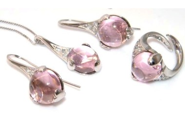 RMB|925: exclusive parure necklace pendant ring and earrings with cubic zirconia and love carbochon bright pink