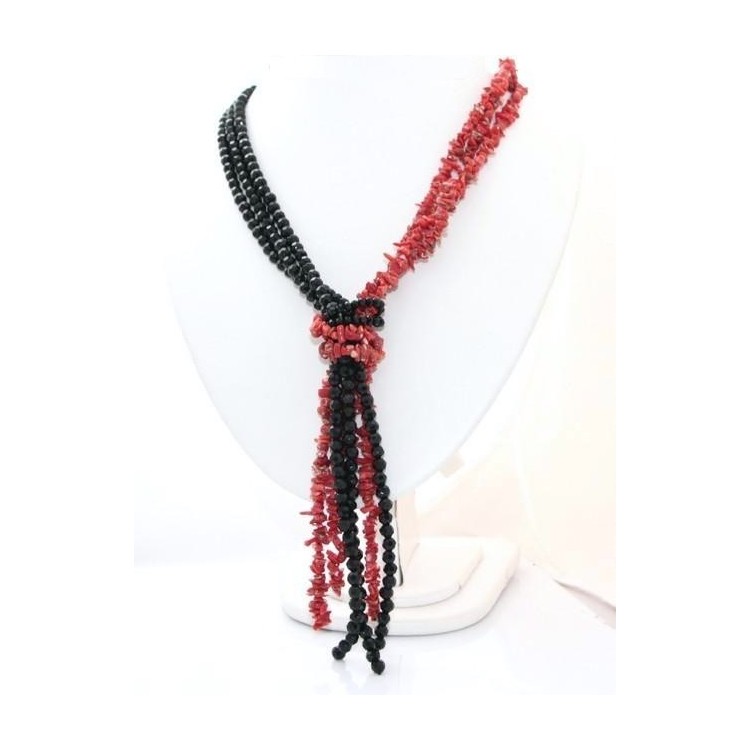 RMB|collana linea Capri sciarpina 3 fili bicolore rosso nero in corallo scoglio verace italiano rosso e perle di agata nera